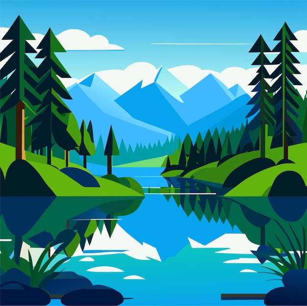 Vector mountain lake in forest nature summer tree scenery with green grass valley and blue sky