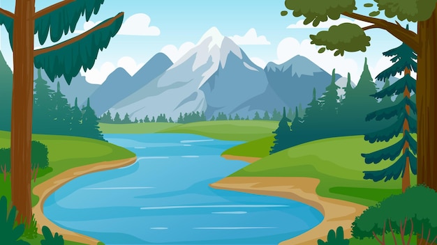 Горный и озерный пейзаж. Мультфильм скалистые горы, лес и река. Панорама лета дикой природы. Пешие прогулки приключение векторной концепции. Иллюстрация лесное озеро, пик окружающей среды холма летом
