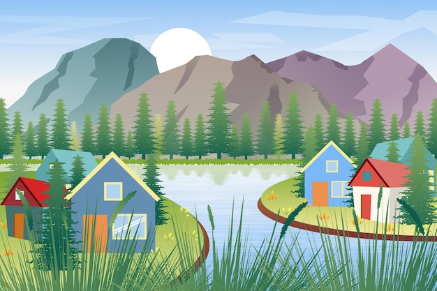 mountain and lake Landscape illustration