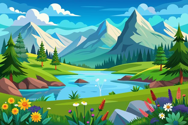 Vector mountain lake landscape vector illustration cartoon flat panorama of spring summer beautiful nature