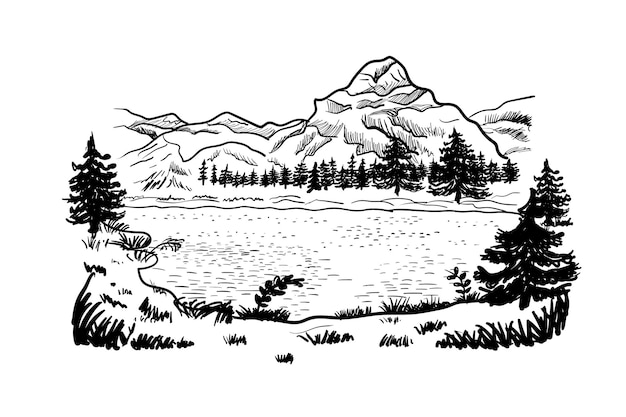 Mountain lake outline sketch nature landscape vector illustration