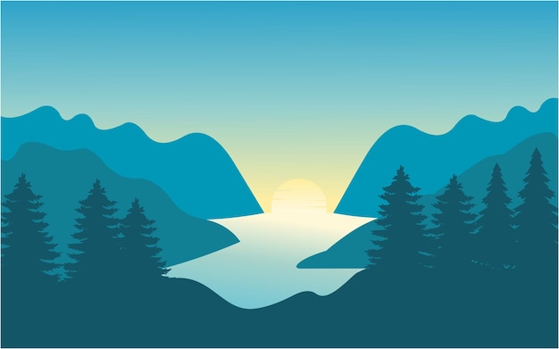 山と湖のパノラマ風景を平らなイラストでロゴデザインのテンプレート