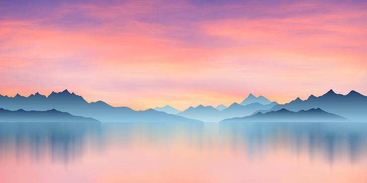 Vector mountain lake at sunset dramatic sky scenic reflection illustration