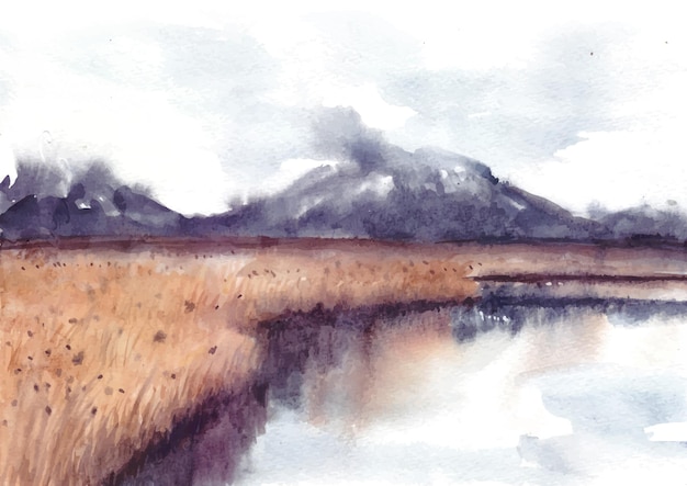 Vector mountain and lake in watercolor painting