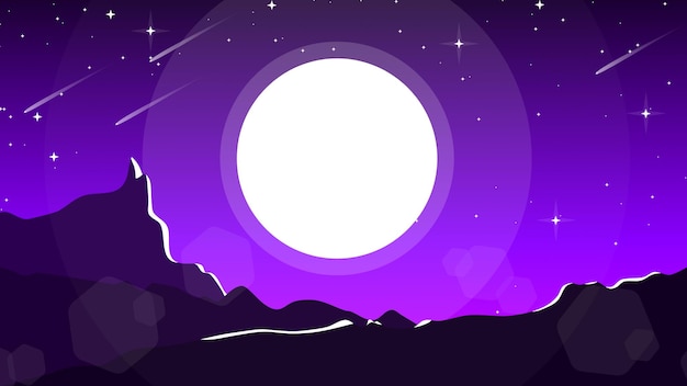 Vector mountain landscape background mountain view at night with moon and stars night sky with moon