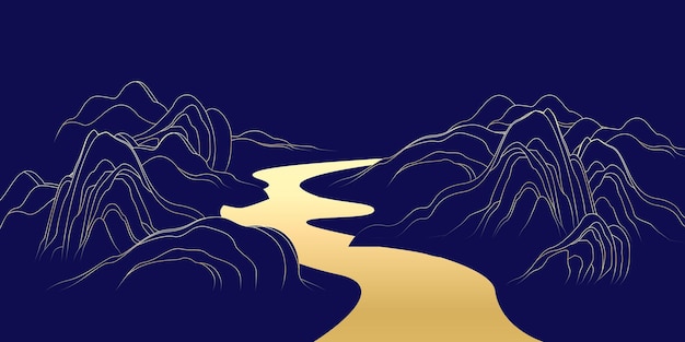 Vector mountain landscape background with golden river