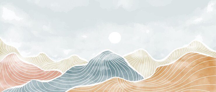 Vector 水彩ブラシと線の波のパターンと山の風景の背景抽象的な現代的な美的背景風景ベクトルイラスト
