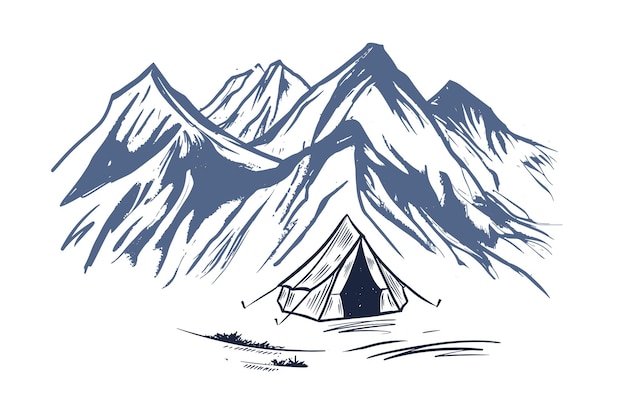 산 풍경, 자연 속에서 캠핑, 스케치 스타일, 벡터 삽화.