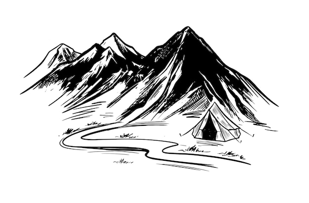 Mountain landscape, Camping in nature, sketch style, vector illustrations.