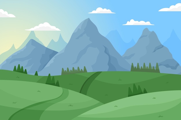 Vector mountain landscape cartoon green hills rocks and snowy peaks on horizon vector illustration