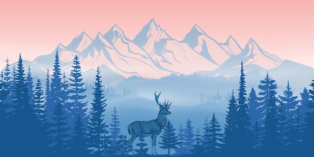 Mountain landscape deer in the forest against the backdrop of mountain peaks vector