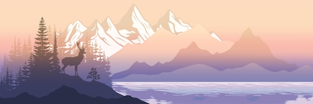 Вектор Горный ландшафт оленя на берегу горного озера панорамный вид иллюстрация