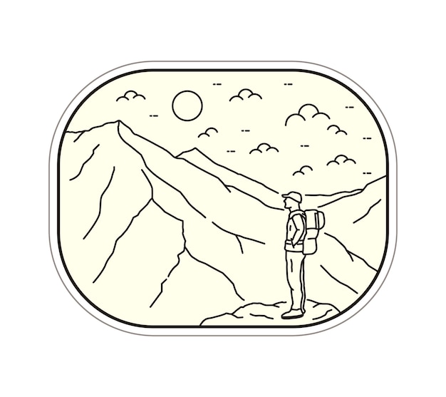 Mountain landscape design and a climber in mono line art patch badge design emblem design TShirt Design