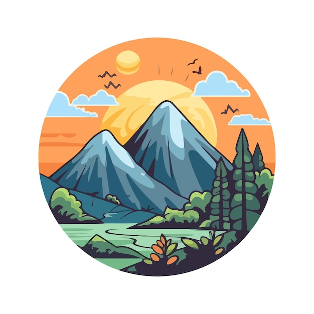 mountain landscape drawing in flat a style illustration