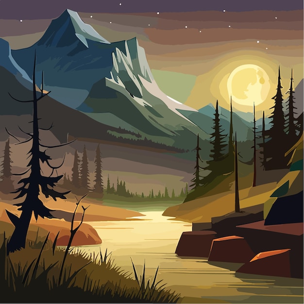 Mountain landscape forest and river with coniferous trees background clip art summer nature painting