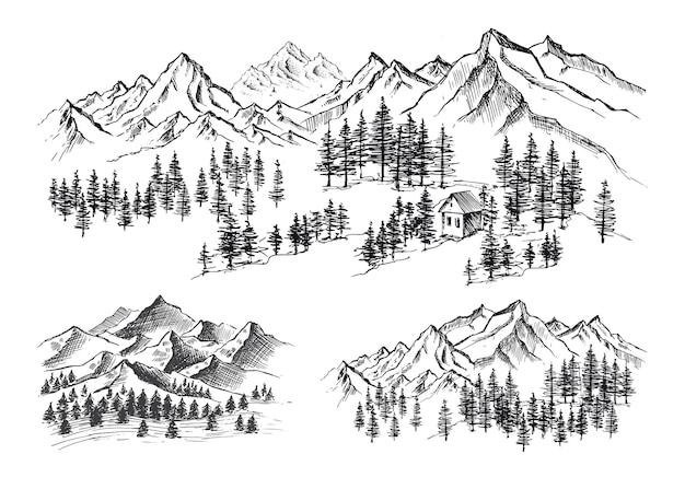 Illustrazione disegnata a mano di paesaggio di montagna