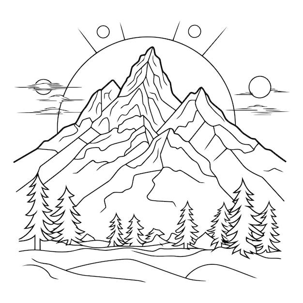 Vector mountain landscape hand drawn vector illustration in black and white