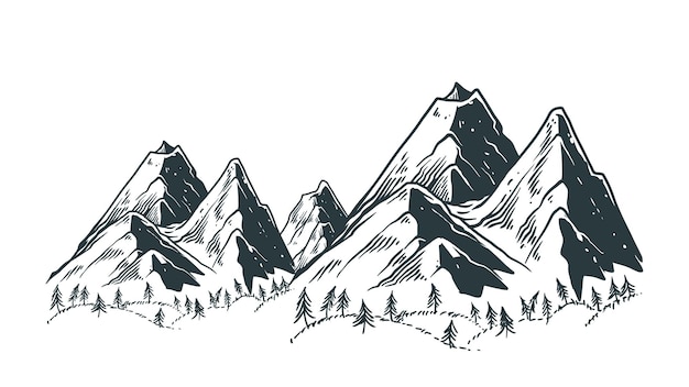 Горный пейзаж ручной рисунок векторной иллюстрации эскиз природного рисунка винтаж