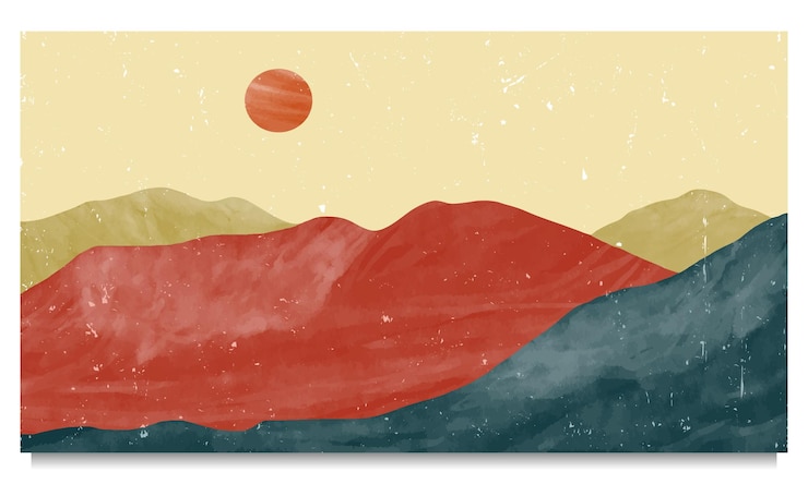 Vector mountain landscape illustration mid century modern minimalist art print