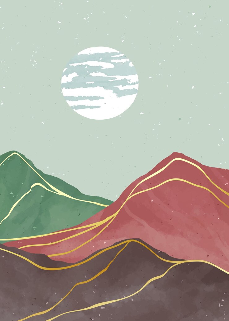 Vector mountain landscape illustration with line art pattern mid century modern art print