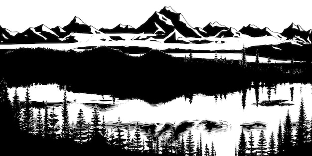 Горный пейзаж, имитация озера, гравюра черно-белая
