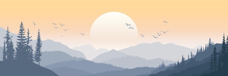 Vector 산의 풍경 아침 빛과 태양 터 일러스트레이션 파노라마