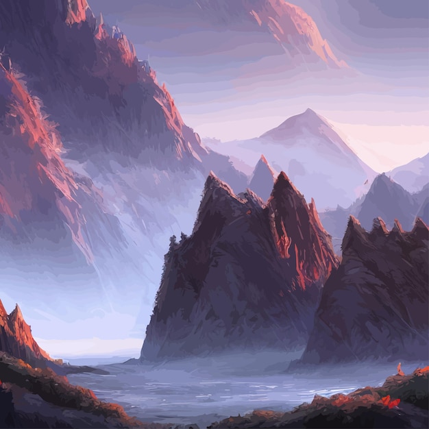 Вектор Горный пейзаж горный пейзаж векторная иллюстрация абстрактный фон фантастическая тема утро