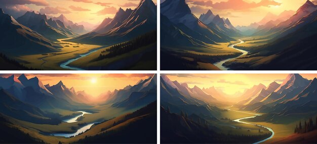 Vector mountain landscape nature sky background forest environment sunset view hill beautiful