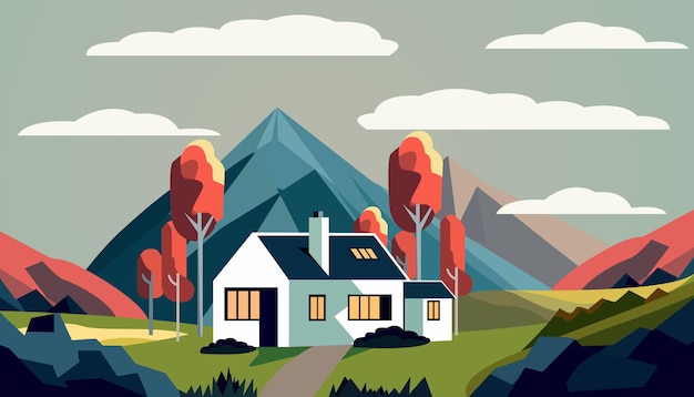 Vector mountain landscape nature with houese flat illustration