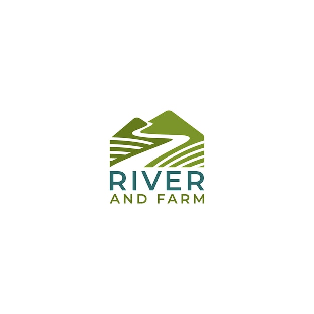 山の風景のピーク川と農場のロゴのテンプレート
