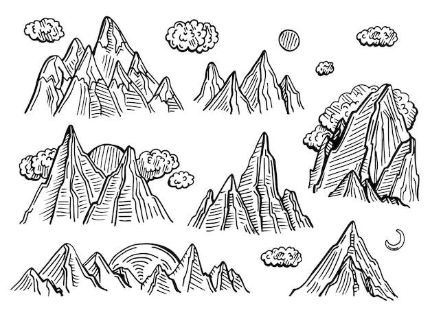 Vector mountain and landscape set black on white background