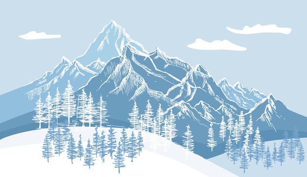 Vettore illustrazione disegnata a mano dell'insieme del paesaggio della montagna