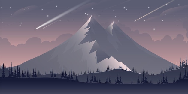 Mountain landscape and stars in the sky meteor gradient mountain silhouette cartoon mountain vect