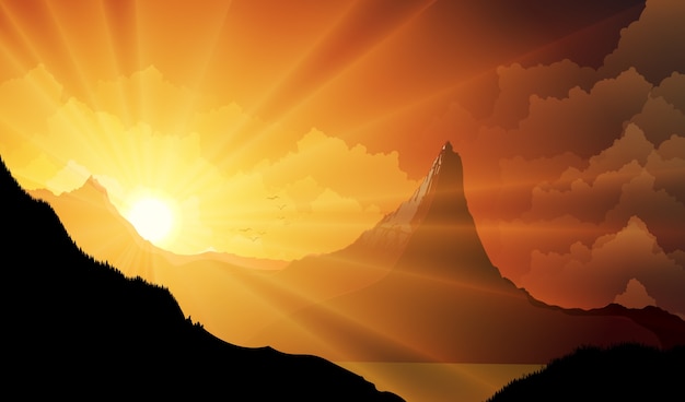 Vector mountain landscape at sunset