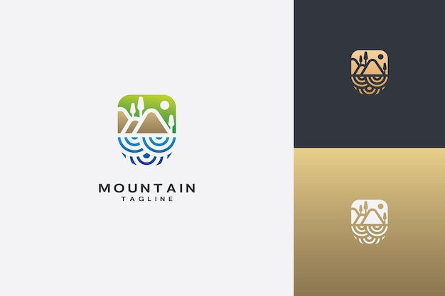Concetto di paesaggio di logo di vettore di attrazione turistica di montagna e paesaggio