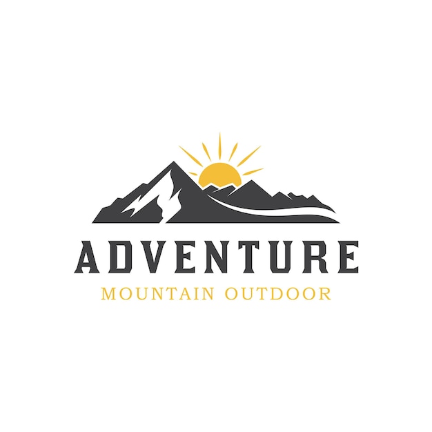 Mountain landscape vintage logo with rocks at sunrise Sea and Sun for Hipster Adventure Traveling logo can be used track biker cross