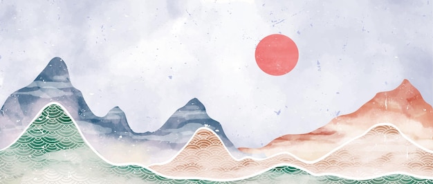 Mountain landscape watercolor painting Natural abstract landscape background asian style with mountains hills skyline and sun vector illustration