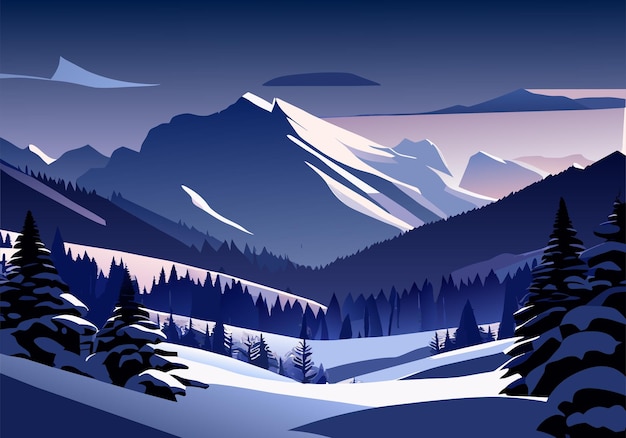 Mountain landscape at winter nightfall with frost