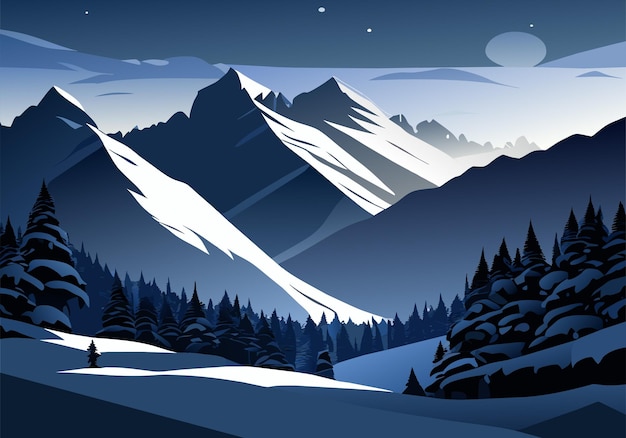 mountain landscape at winter nightfall with frost