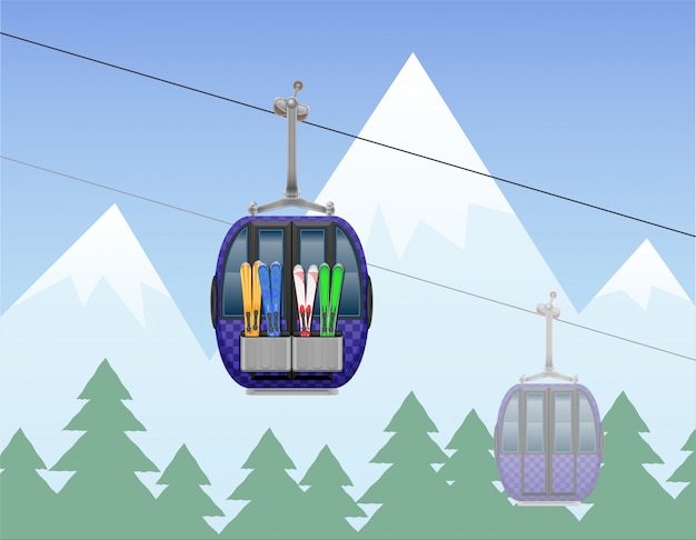 Vector mountain landscape with cabin ski cableway vector illustration