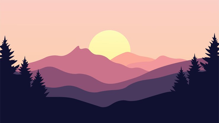 Vector mountain landscape with a dawn sunset mountainous terrain hills silhouette
