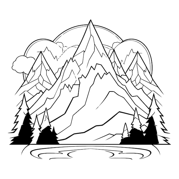 Vector mountain landscape with forest and lake in outline style