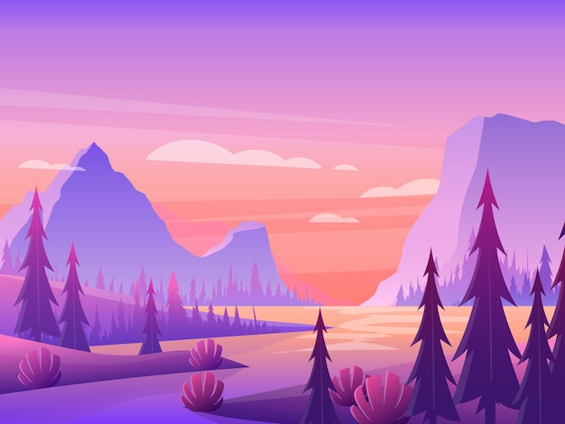 Vector mountain landscape with forest and river under purple sky illustration.