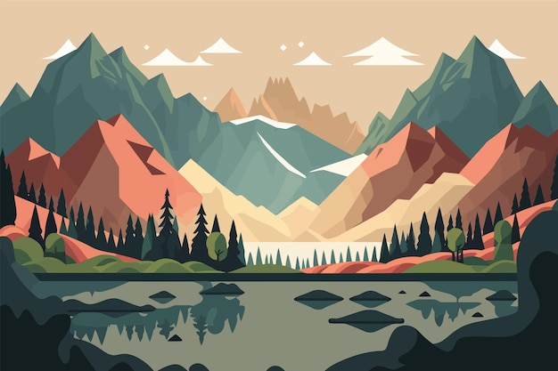 フラット スタイルの湖と森のベクトル図と山の風景
