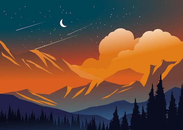 A mountain landscape with a moon and stars