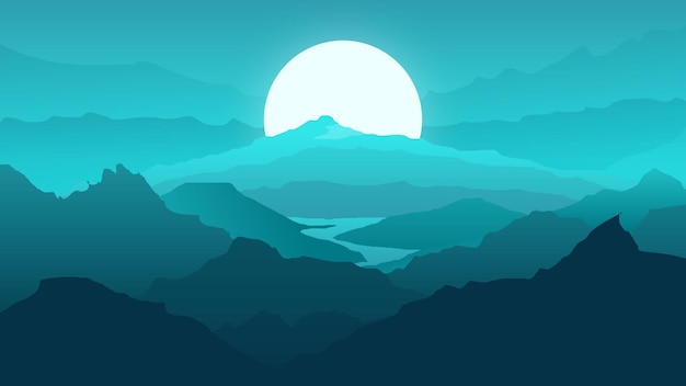 Mountain landscape with mountains sun river vector art