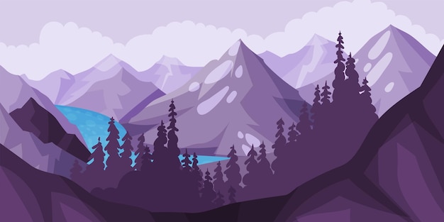 Mountain landscape with peaks high trees and flashy river vector illustration