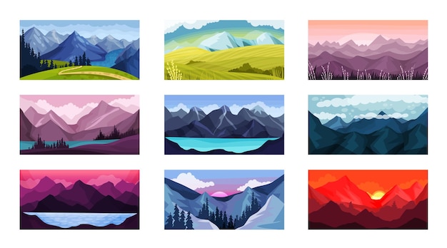 Mountain landscape with peaks and rocky hills vector illustration set