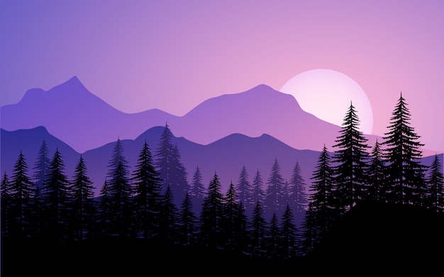 Mountain landscape with pine forest and sunrise