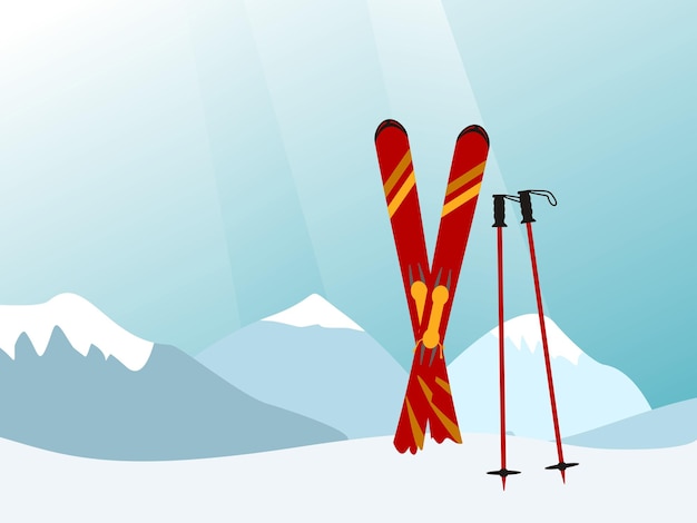 Горный пейзаж с красным лыжным снаряжением на передней векторной иллюстрации